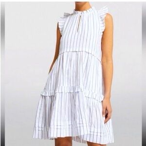 ME+EM White Tiered Mini Dress with Navy Stripes